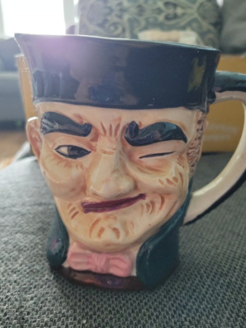 Japan Toby Character Head Mug Cup w/ Handle Man Winking in Pink Bow tie